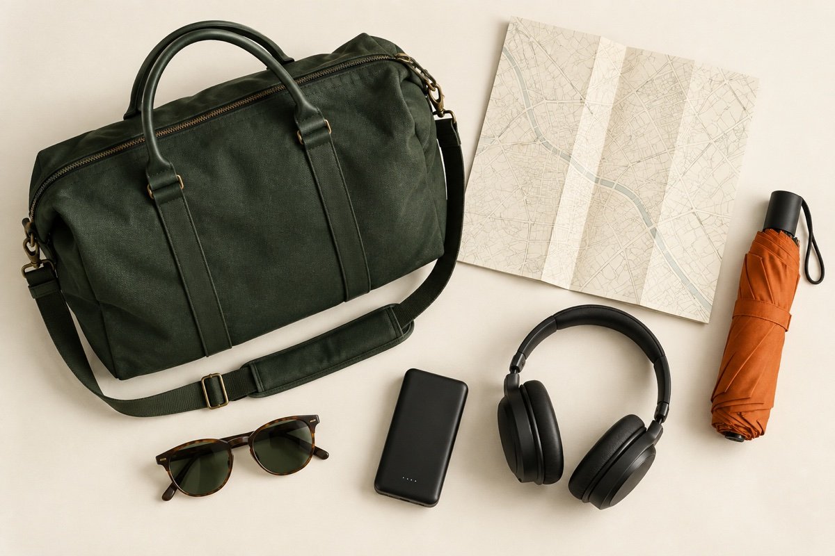 Illustration: travel bag, power bank, headphones, umbrella and map
